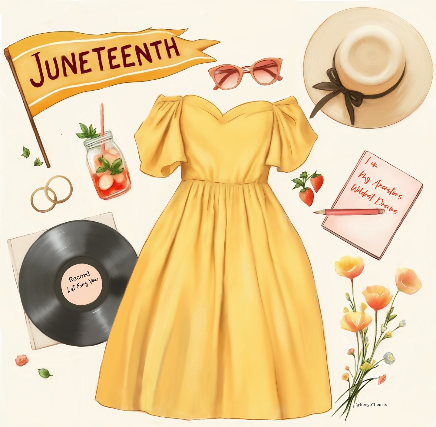 I’ve been dreaming in yellow all week 🍋☀️ When I sat down to illustrate this flat lay, I thought about what I’d wear on a Juneteenth picnic: something soft, golden, and joyful. I went for a poppy dress, cat-eye sunnies, strawberries and a journal that says I am my ancestors’ wildest dream to create a mood, a memory, and a love letter to the freedom they imagined for me.

We honor Juneteenth in big ways and quiet ones. Today, mine looked like making something fashionable with my hands while remembering who I come from and celebrating all they endured, so I could create freely 💛

#WomenWhoIllustrate #BlackIllustrators #IllustrationDaily #DigitalIllustration #FlatLayIllustration #JuneteenthArt #Juneteenth #BlackGirlMagic #IAmMyAncestorsWildestDream #IllustratorsOfInstagram #SoftBlackGirl #WhimsicalAesthetic #DailyInspo